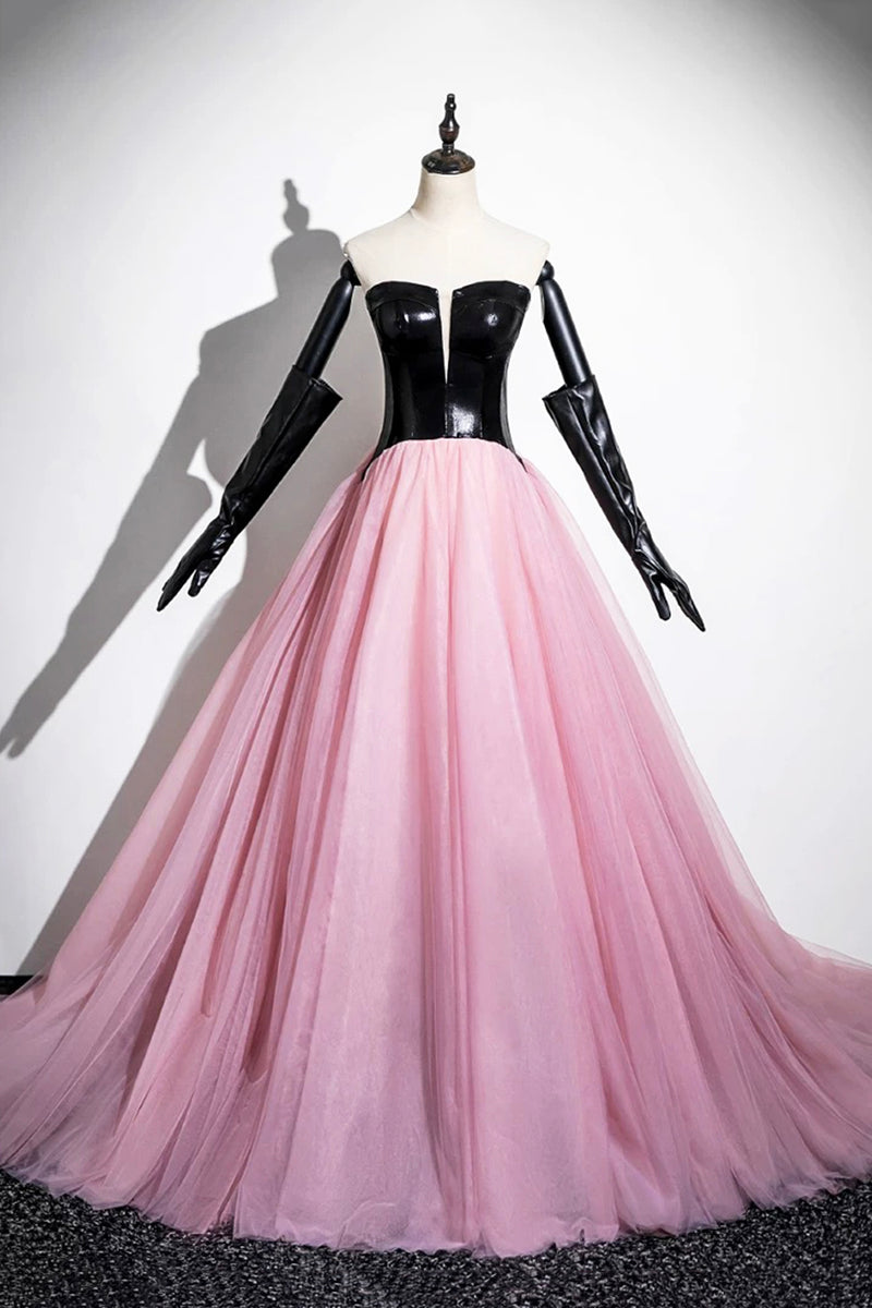 Black and Pink Tulle Long Prom Dress, Unique Strapless Evening Dress w