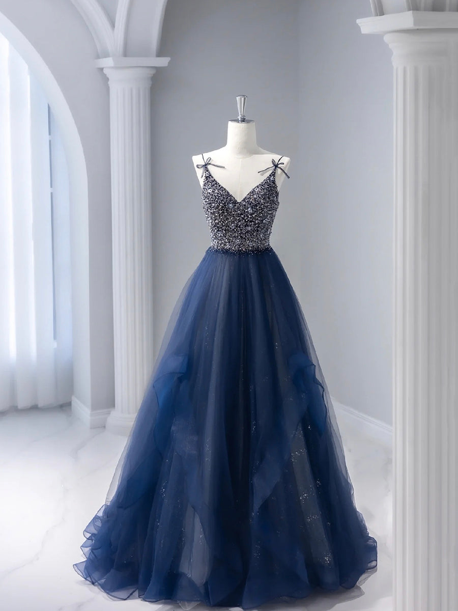 Satin Dress Navy Blue Halter Top Dress Blue Tulle Beaded Long Prom Dress, A-Line Spaghetti Satin Dress Navy Blue Halter Top Dress Blue Tulle Beaded Long Prom Dress, A-Line Spaghetti