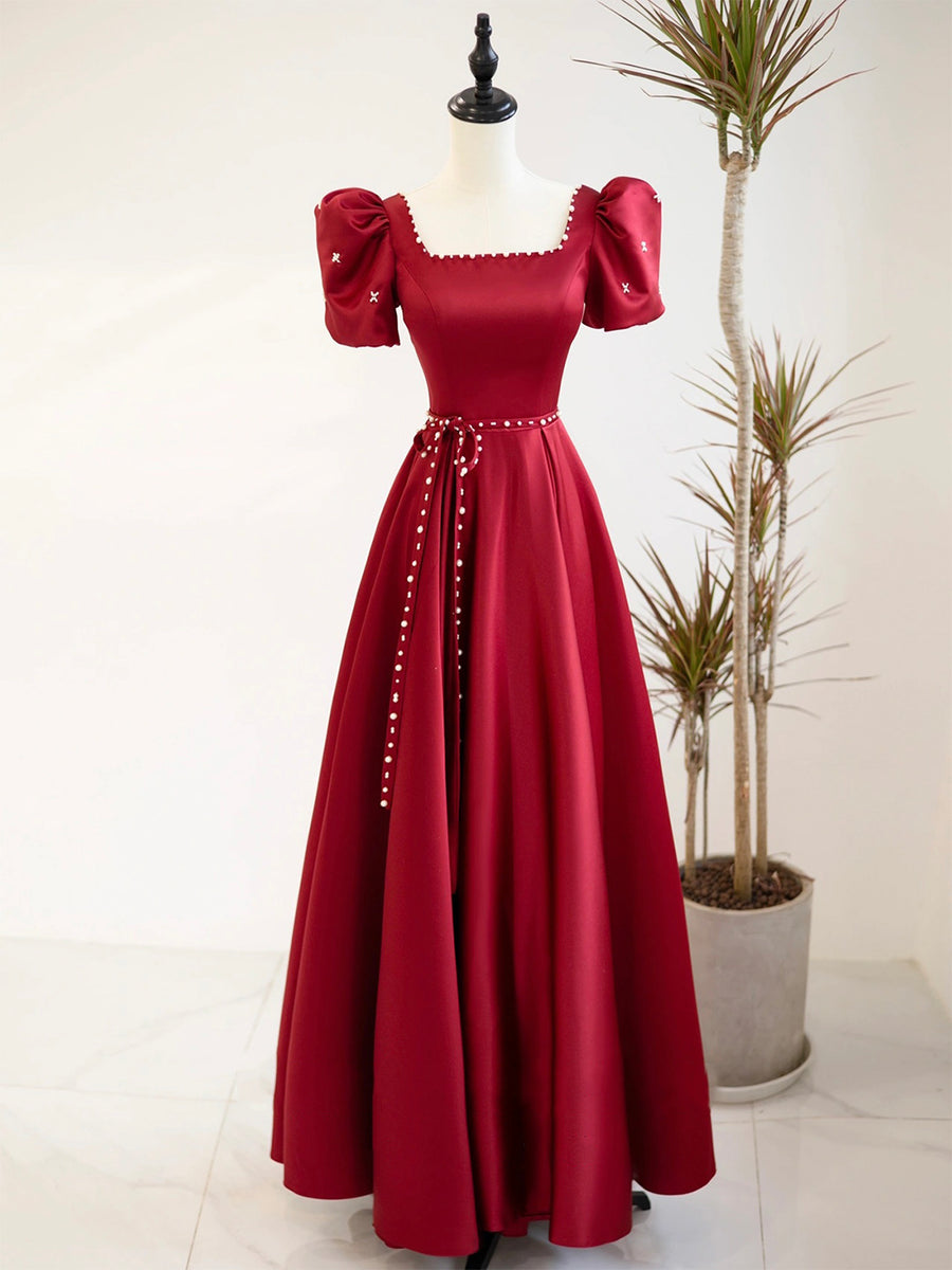 Burgundy Satin Corset Rhinestone Trim Floor-Length Prom Dress with Thigh Slit