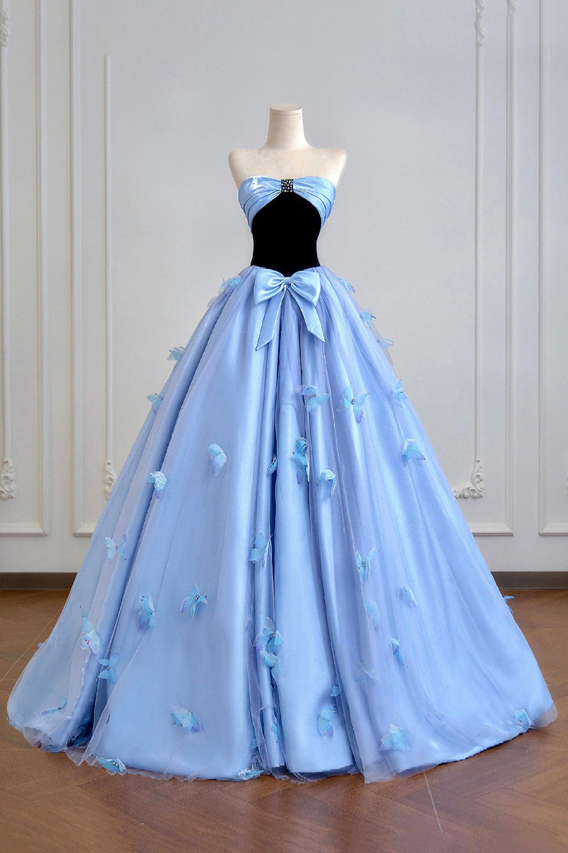 Black Velvet and Blue Tulle Long Prom Dress, Beautiful A-Line Straples – Loveydress