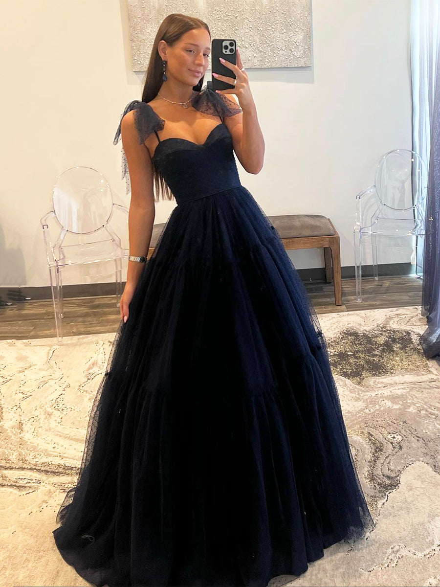 A-line Navy Blue Tulle Sweetheart Prom Dress, Navy Blue Long Evening Dress
