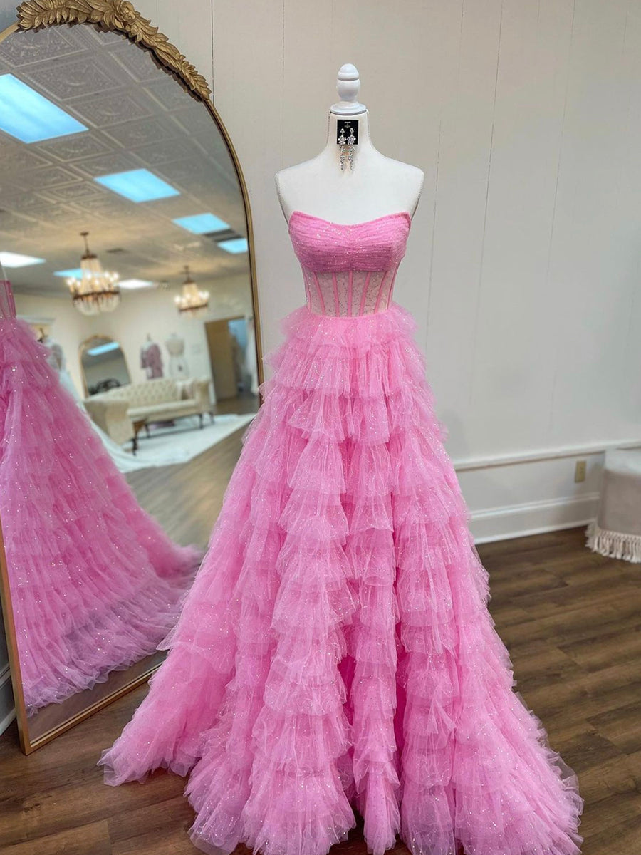 Pink Strapless Tulle Sparkle Floor Length Prom Dress, Beautiful A-Line
