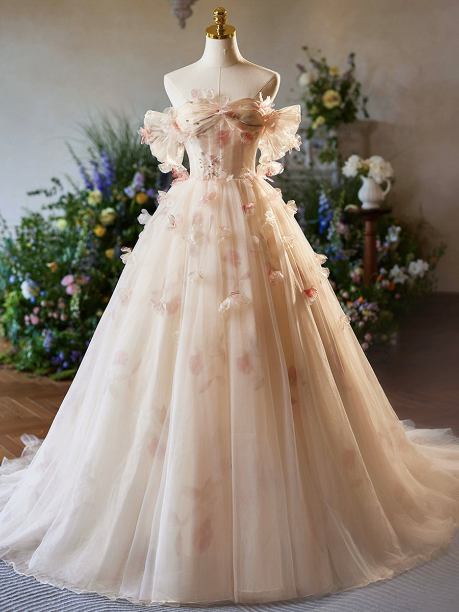 Champagne Floral Tulle Long Prom Dress, Elegant A-Line Formal Evening – Loveydress