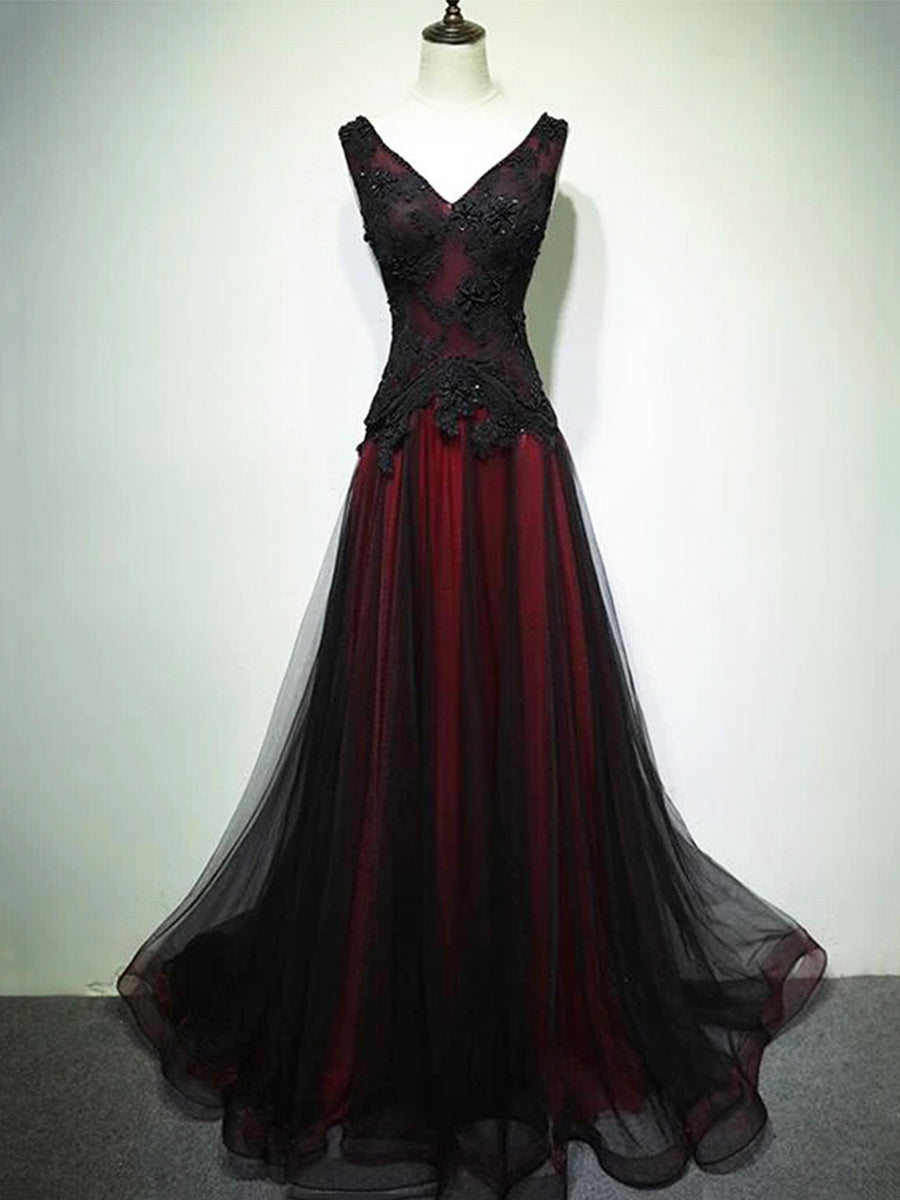 Black and Red V-Neck Lace Long Prom Dress, Beautiful A-Line Evening Pa