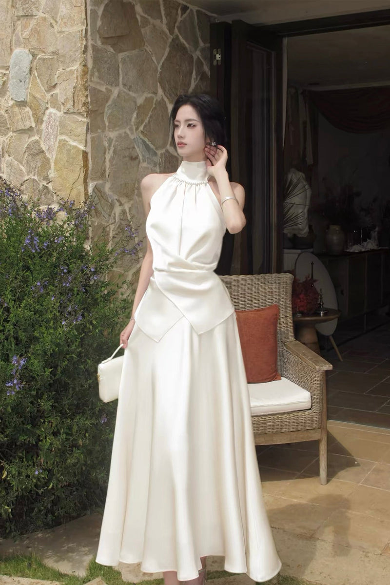 white halter peplum dress Elegant Apricot Satin Neck Maxi For Party US 12 / Custom Color a line silhouette