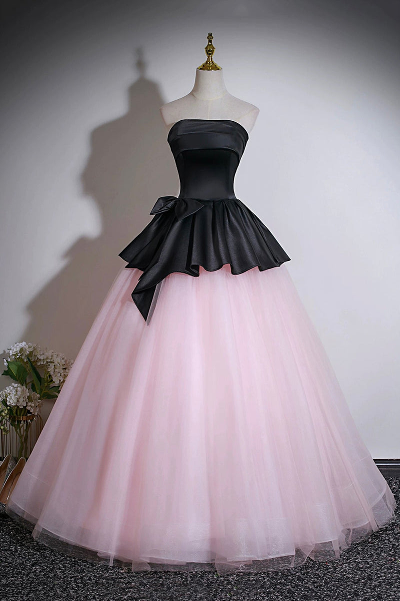 Elegant Black and Pink Strapless Prom Dress, Floor-Length Tulle Ball G