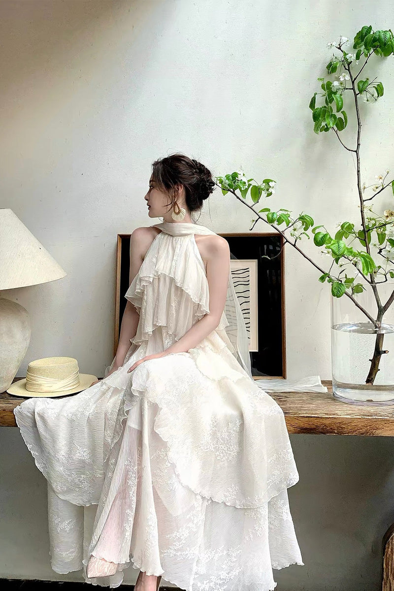 Elegant Cream White Halter Neck Tiered Lace Maxi Dress For Party