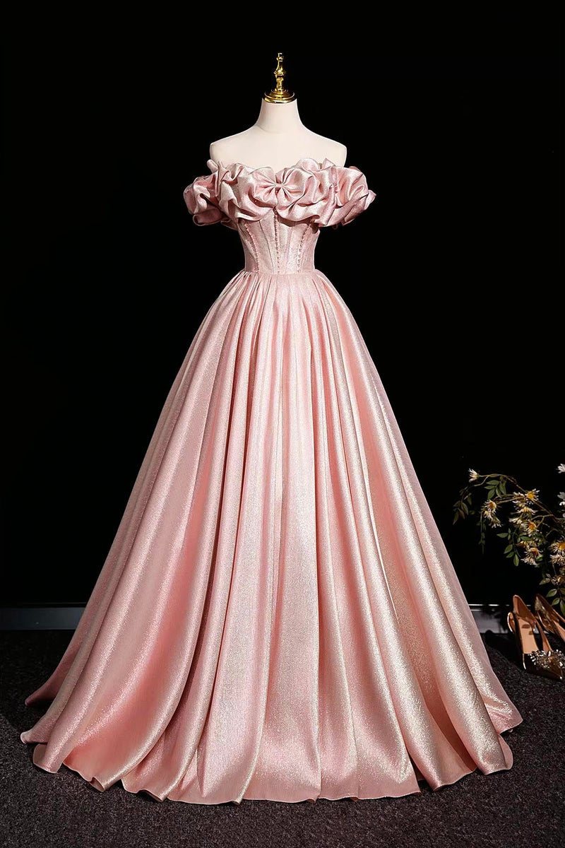 Elegant Pink Satin Prom Dresses Ball Gown, A-Line Off-The-Shoulder Bac – Loveydress