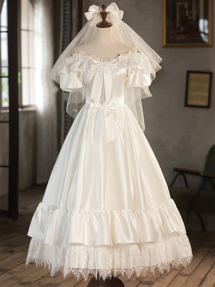 Off The Shoulder White Satin Long Evening Dress,White Evening Gown