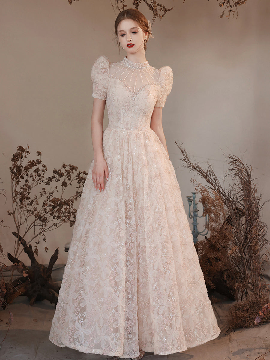 Elegant High Neck Long A Line Princess Dresses, Beautiful Beading Pear