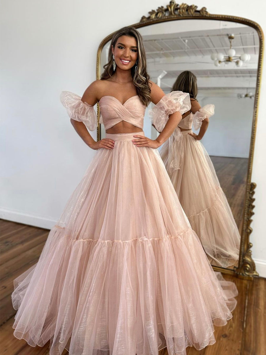 Pink Tulle Long Formal Dress Party Dress, Pink Tulle and Satin Prom Dress