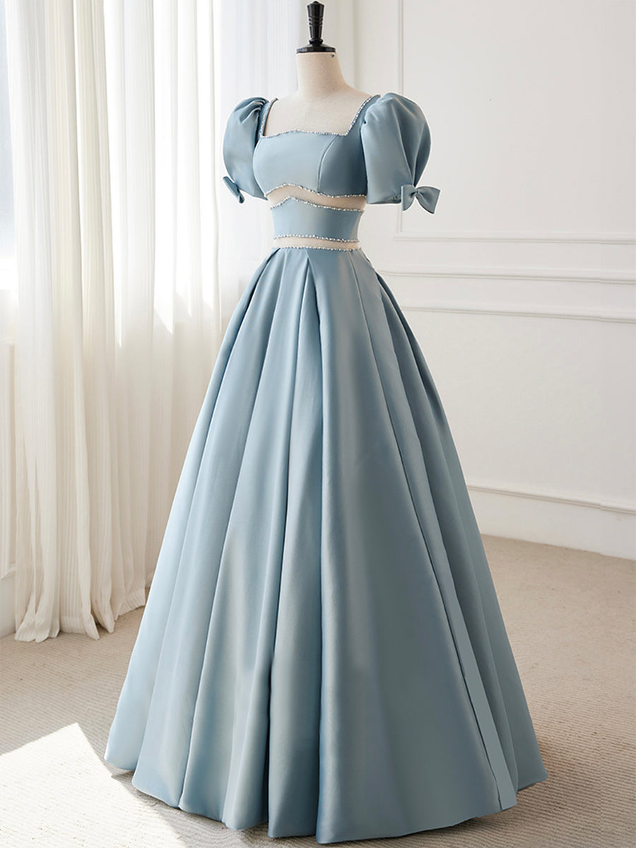 Blue satin pearl long prom dress blue evening dress s52
