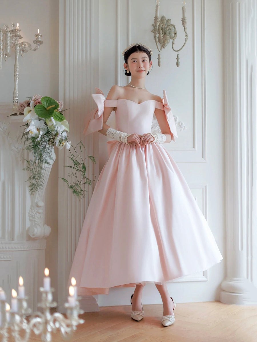 Gorgeous Pink Satin Off The Shoulder Prom Dress,Princess Party Dress Y8738