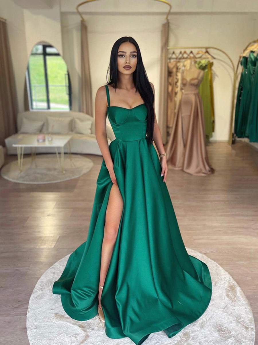Dark Green Satin A-Line Spaghetti Straps Long Prom Dresses with Split Loveydress Dark Green Satin A-Line Spaghetti Straps Long Prom Dresses with Split Loveydress