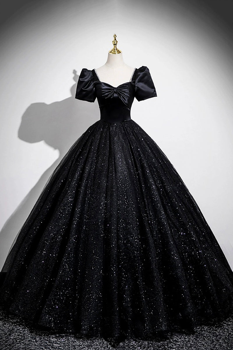 black glitter tulle prom dress Wedtrend Women Sparkly Black Prom Dress A Line Long Corset Tiered Tulle  Party Dress With Slit – WEDTREND main image 1