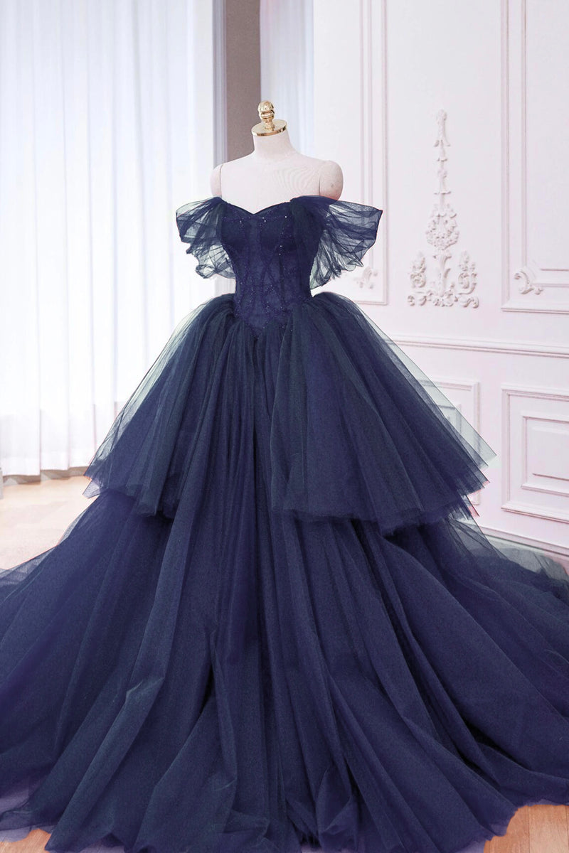Navy Tulle Beads Long Prom Dress, Elegant Off the Shoulder Evening Par