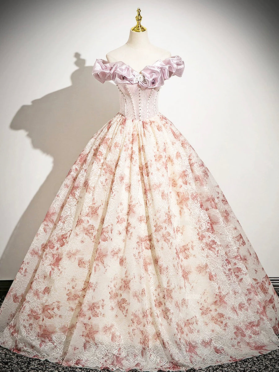 A-Line Floral Floor Length Prom Dress, Beautiful Off the Shoulder Even