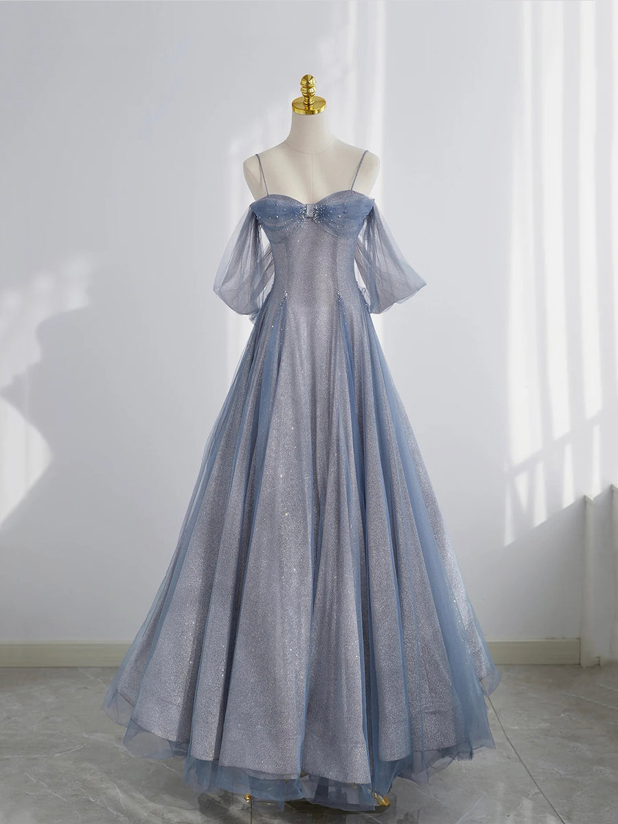 Blue Tulle Long Prom Dress, A-Line Off the Shoulder Blue Evening Party