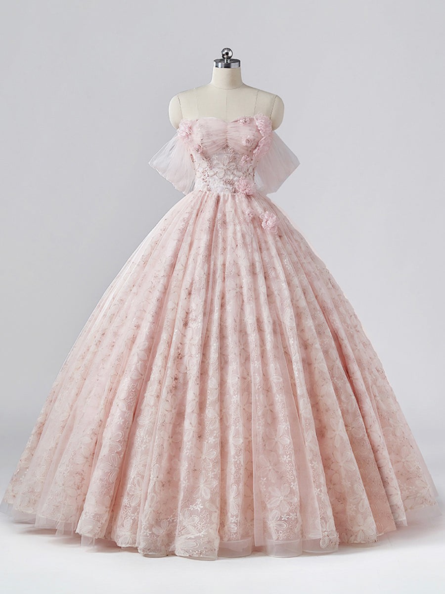 Light Pink Tulle Flower Floor Length Prom Dress, Beautiful Off the Sho