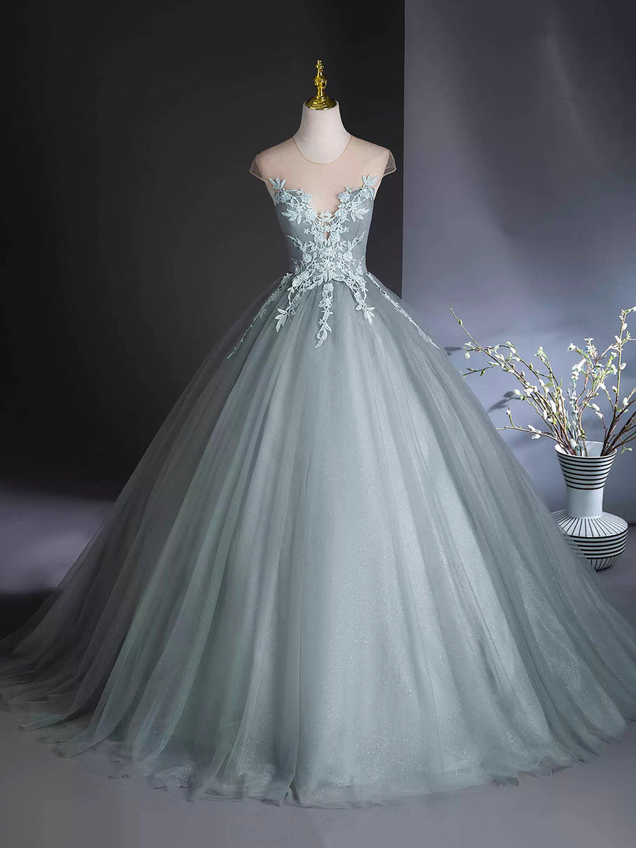 Beautiful Long A-line Scoop Neck Tulle Lace Formal Prom Dresses main image 0