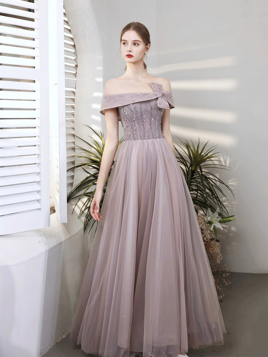 A-line Light Purple Tulle Beaded Long Party Dress, Light Purple Prom Dress