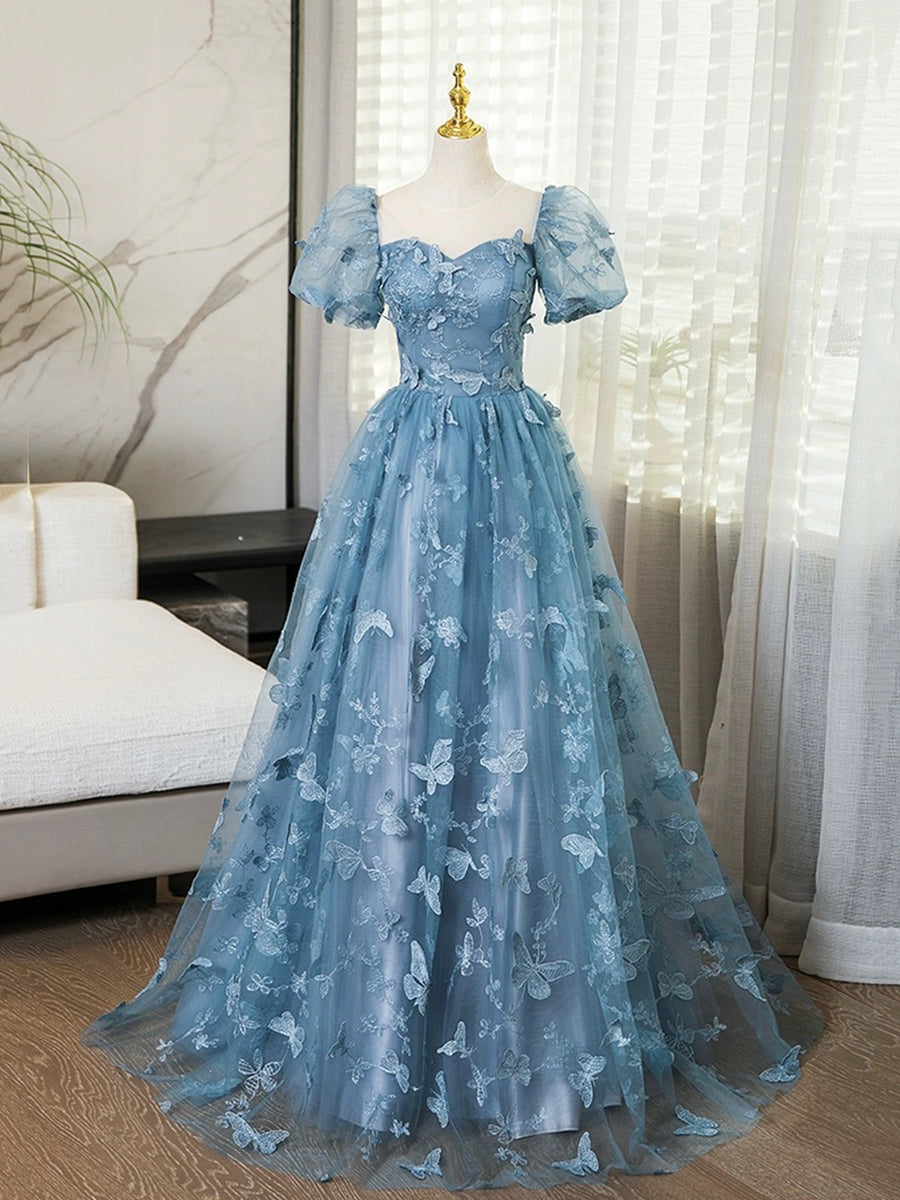 Blue Lace Butterfly Long Prom Dress, Elegant A-Line Short Sleeve Eveni Loveydress Blue Lace Butterfly Long Prom Dress, Elegant A-Line Short Sleeve Eveni Loveydress