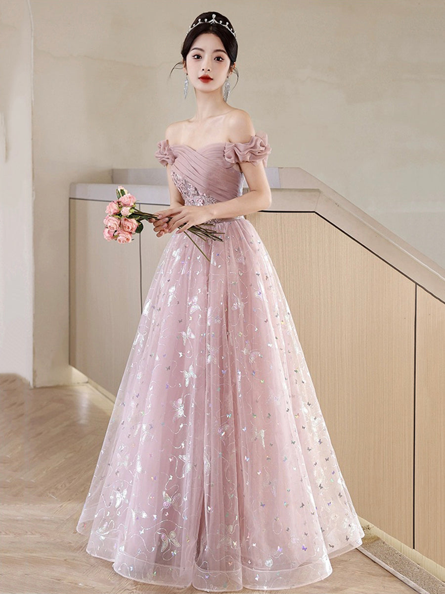 Pink Tulle Floor Length Prom Dress with Butterfly Sequins, Beautiful Off The Shoulder Evening Dress Custom Size / Pink