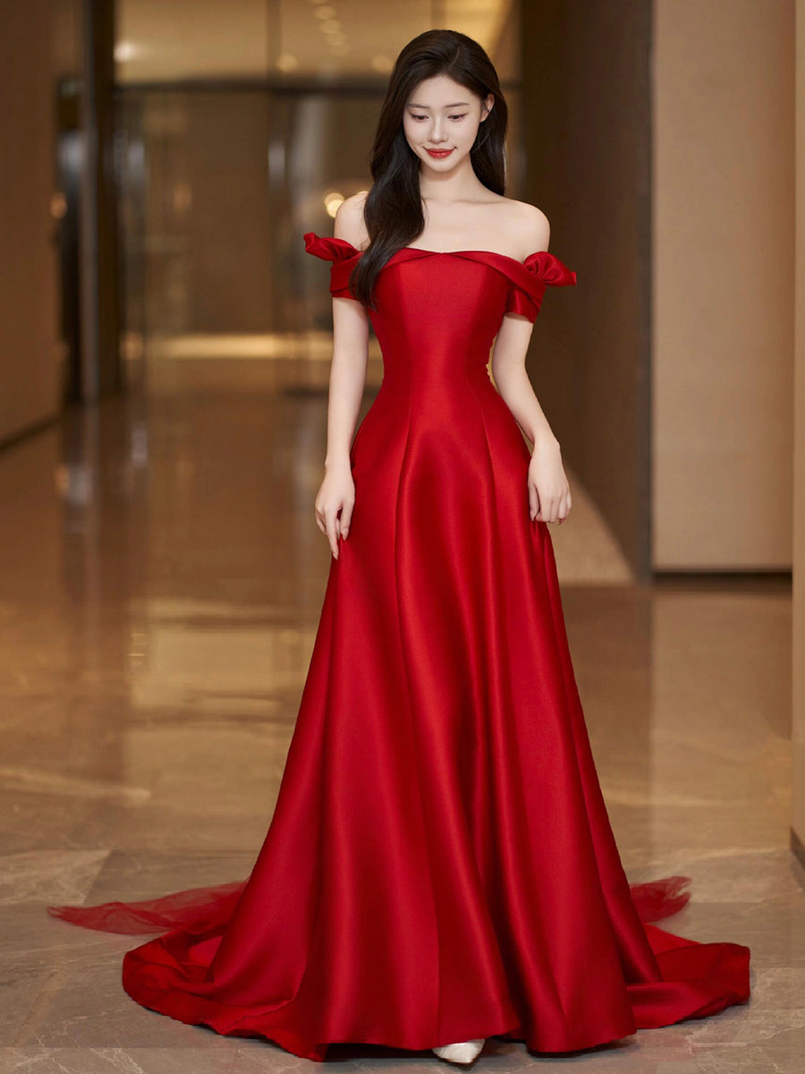 Red Satin Floor Length Prom Dress, Off the Shoulder Evening Party Dres