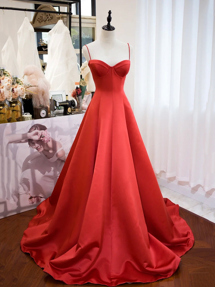 Red Spaghetti Strap Satin Long Prom Dress, Simple ALine Backless Even