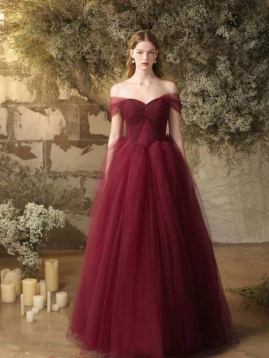 A-Line Off-the-Shoulder Floor-Length Burgundy Tulle Prom Dress with Beading