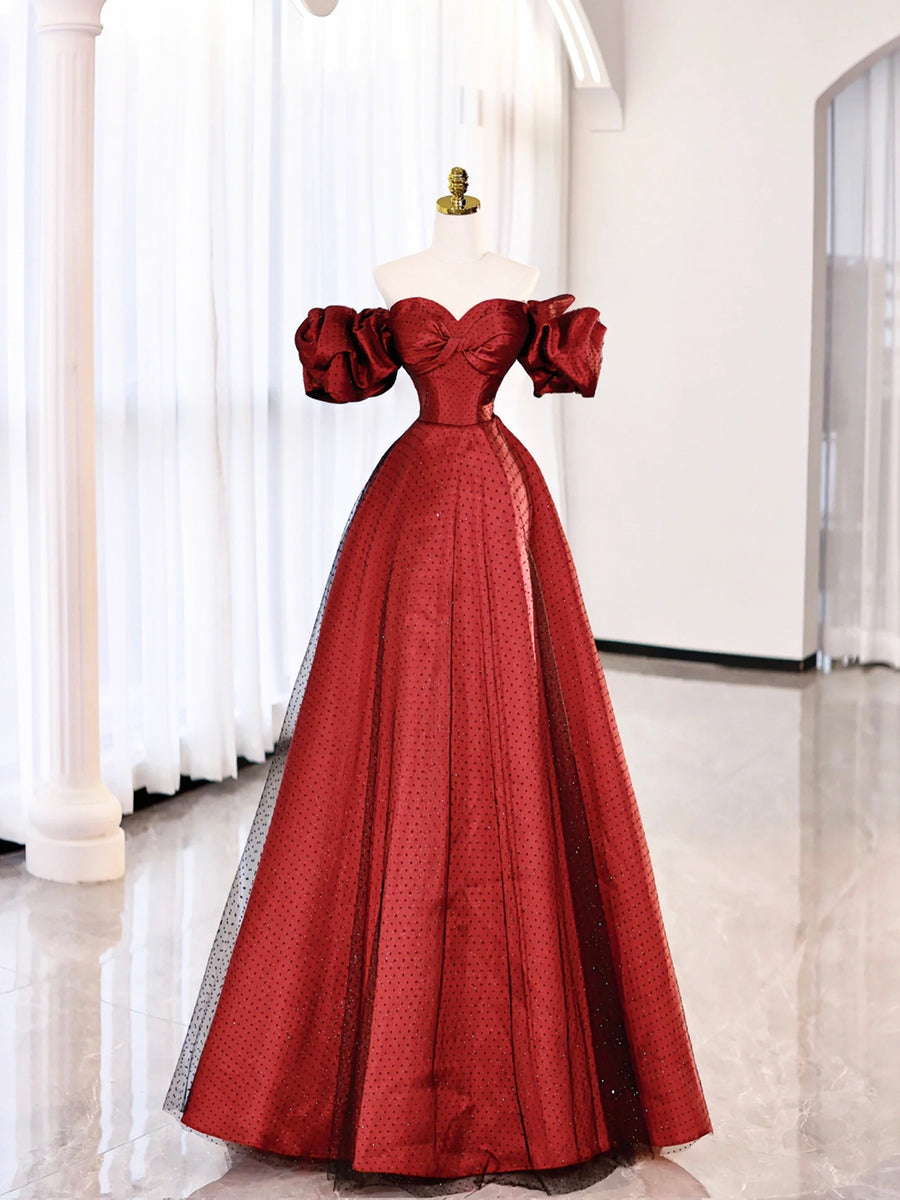 Burgundy Sheath Satin Tulle Appliques Short Sleeve Short Formal Prom Dress main image 1