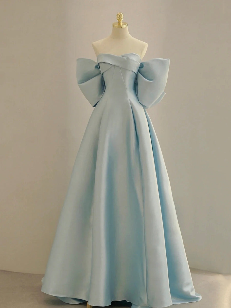 Charming Blue Satin Long Prom Dress with Big Bow, A-Line Sweetheart Ne