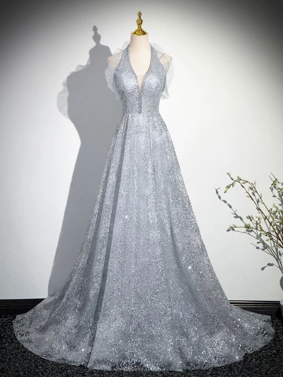 Gray v neck tulle sequin long prom dress V-Neck spaghetti strap evening dress