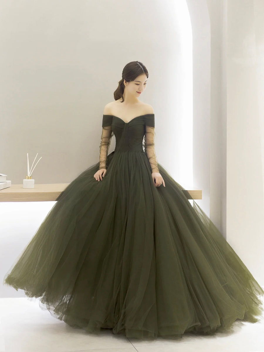 Off Shoulder Mint Green Lace Tulle Long Prom Dress GJS704