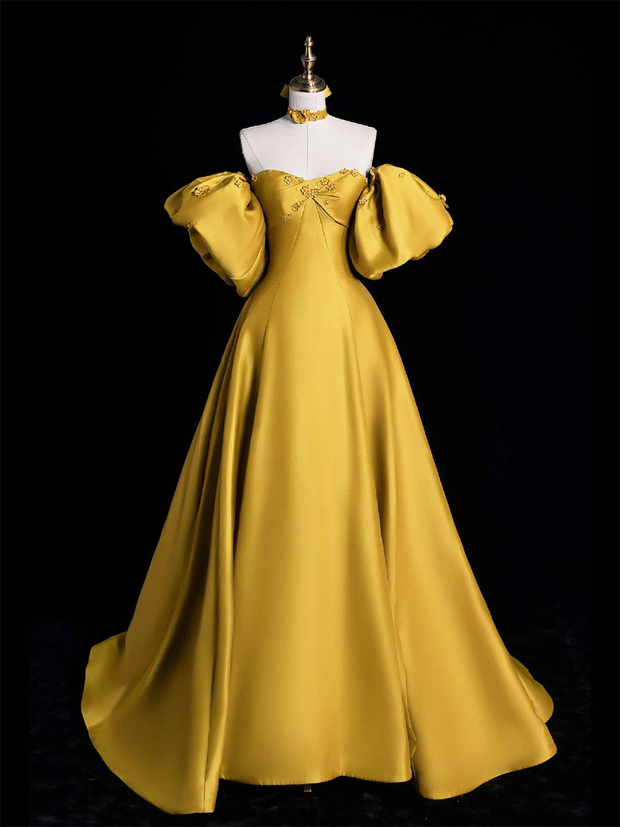 Simple yellow satin long prom dress yellow evening dress,DS2109