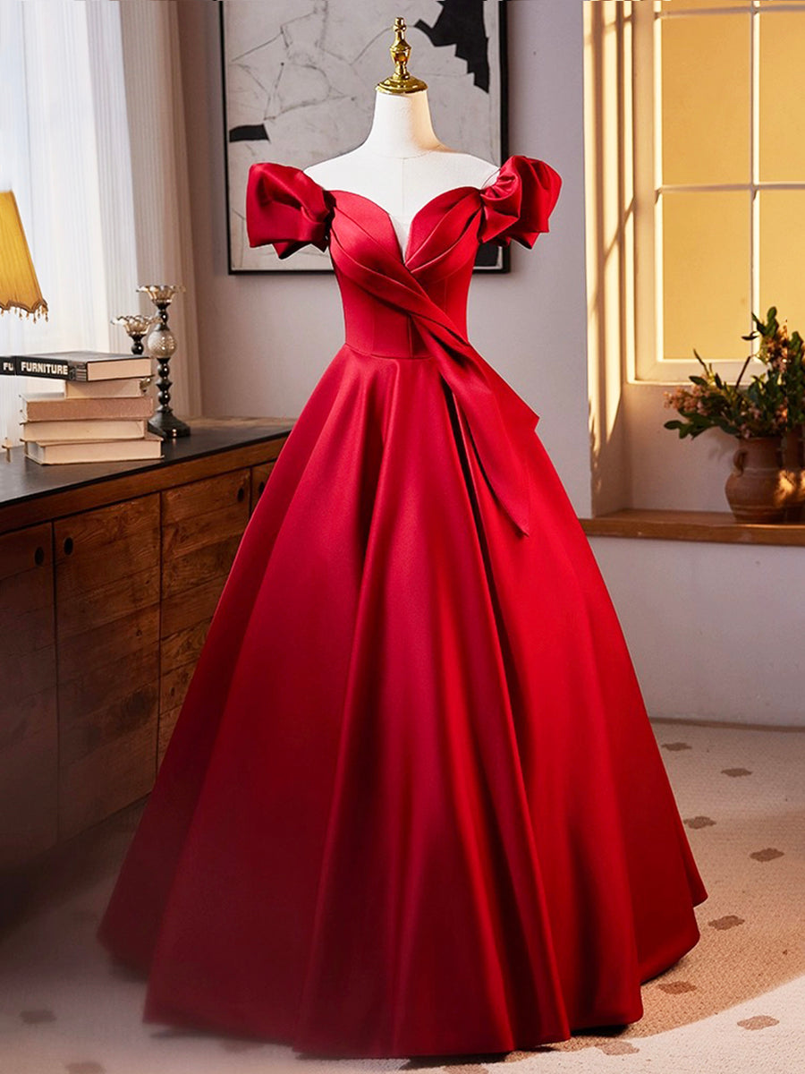 Princess Black Ball Gown Dark Red Satin Long Prom Dress, Off The Shoulder A- Line Formal Princess Black Ball Gown Dark Red Satin Long Prom Dress, Off The Shoulder A- Line Formal