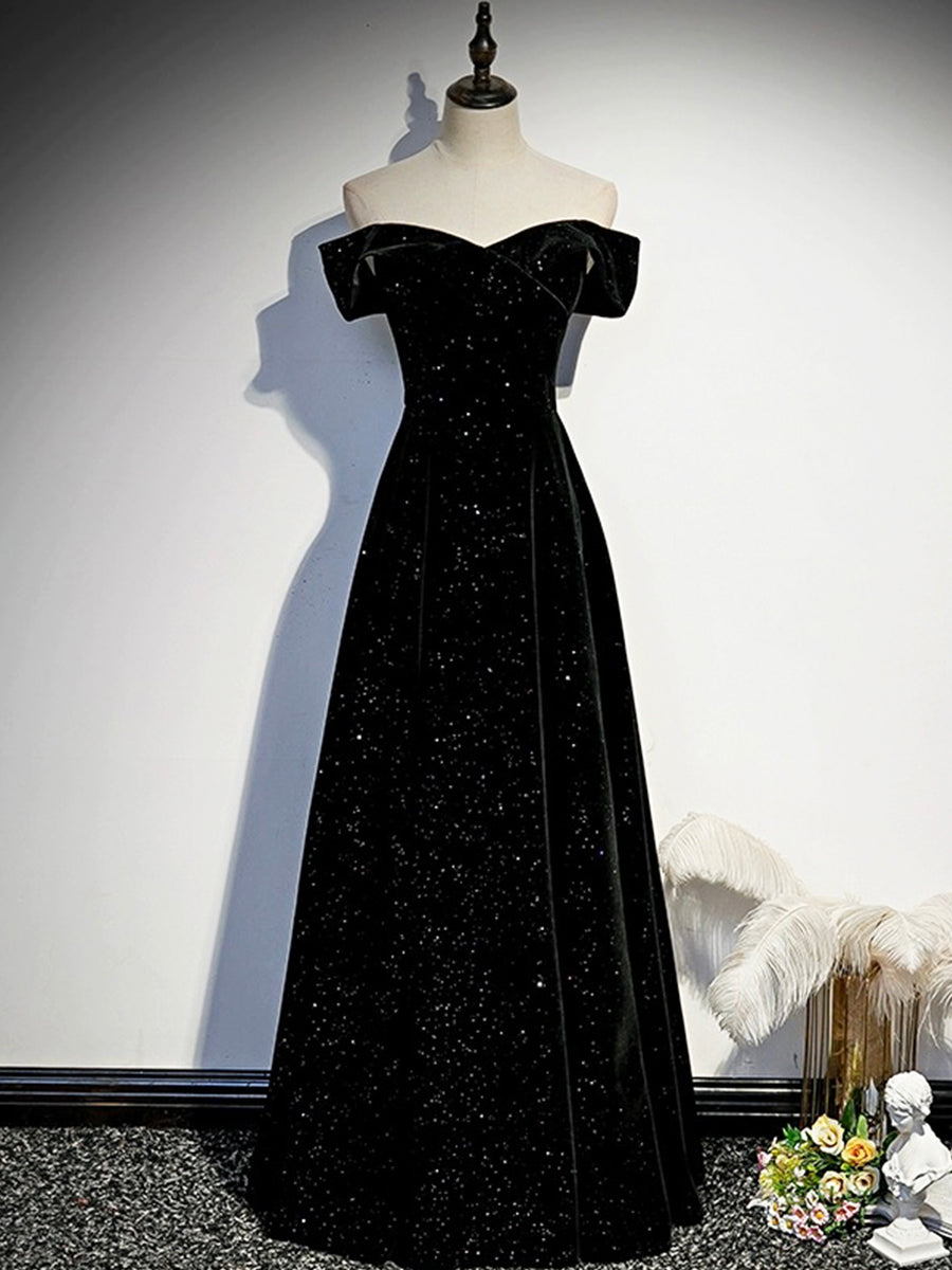 Black Velvet Long Prom Dress, Black Off the Shoulder Evening Party Dre