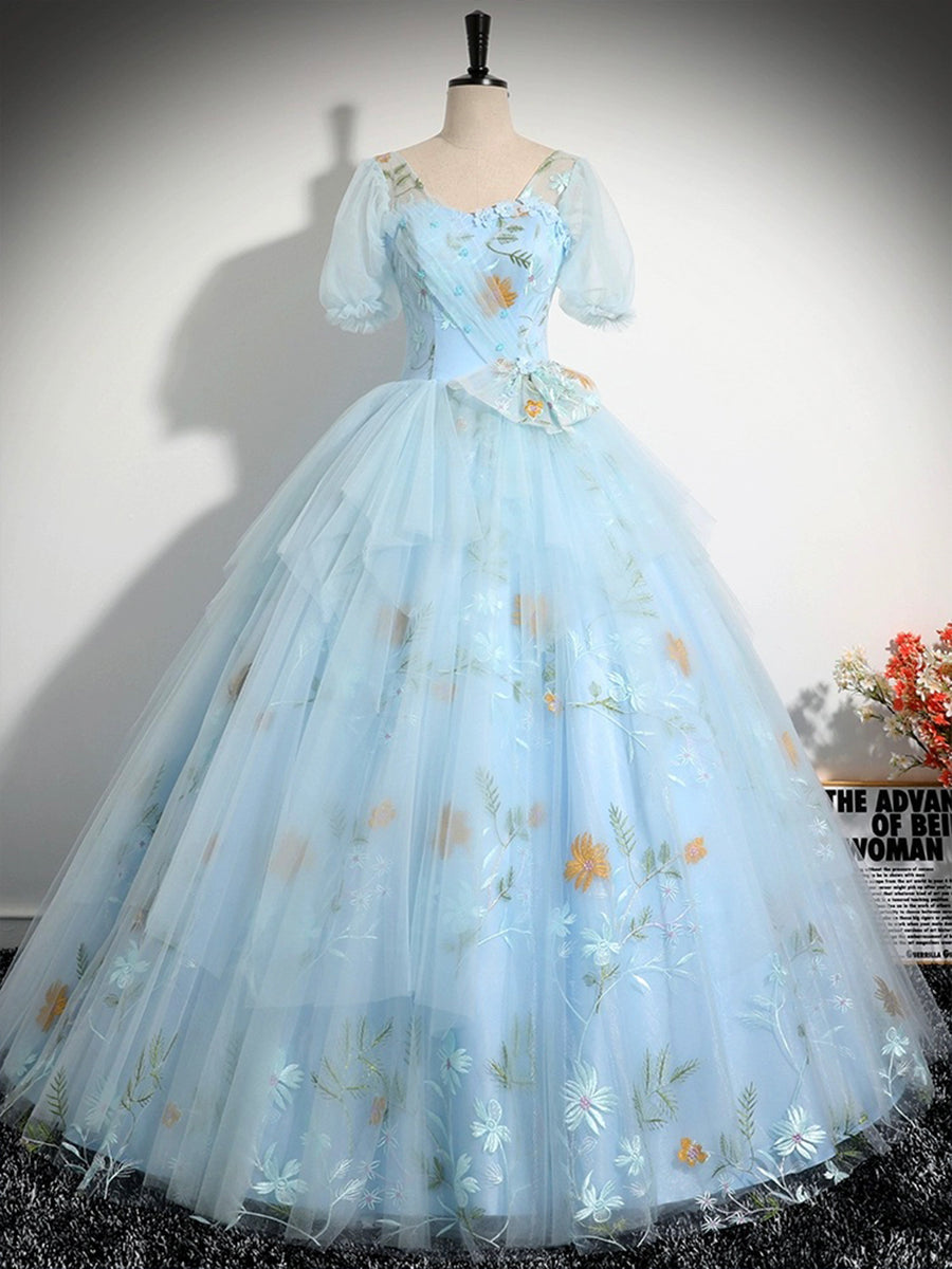 Blue Tulle Floor Length Prom Dress, Beautiful Short Sleeve Evening Par