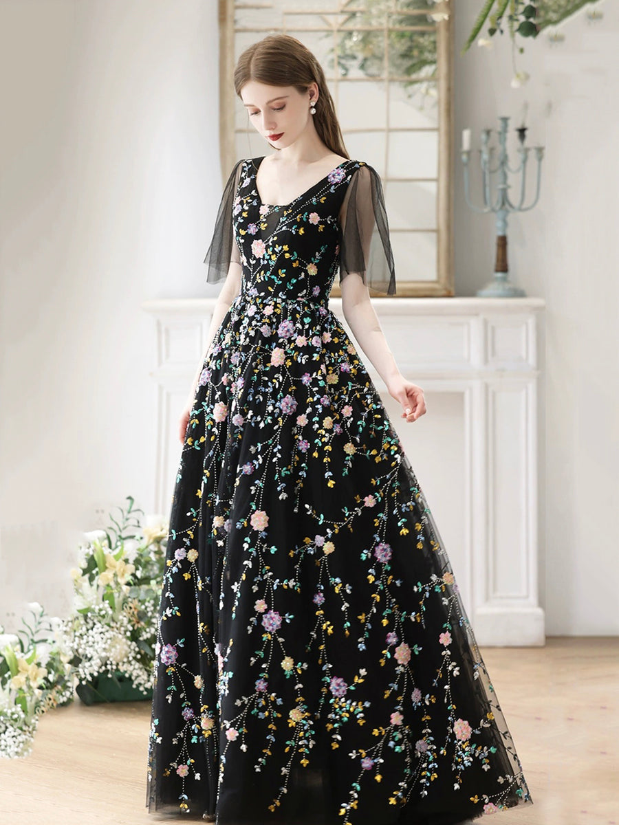A-line Black Tulle Layers Sequins Off Shoulder Party Dress, Black Tulle Evening Dress Prom Dress