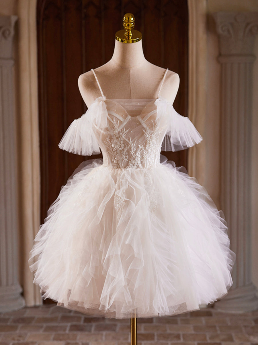 Light Champagne Strapless Tulle A-Line Short Prom Dress Homecoming Dress,DP1711