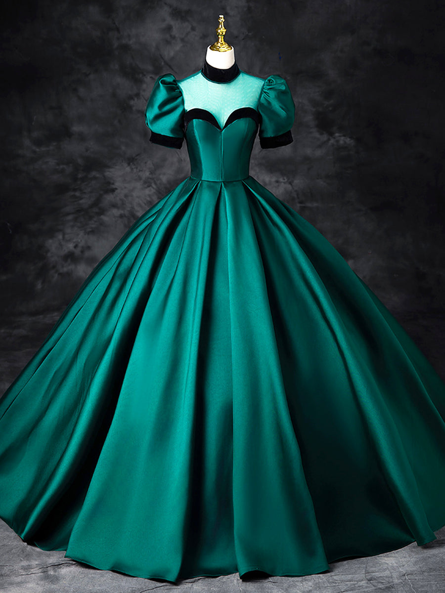 Green Satin Floor Length See-Through Ball Gown, Elegant High Neck Formal Evening Dress US 16 / Green Green Satin Floor Length See-Through Ball Gown, Elegant High Neck Formal Evening Dress US 16 / Green