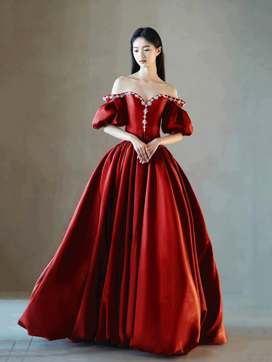 Burgundy Satin Corset Rhinestone Trim Floor-Length Prom Dress with Thigh Slit main image 0