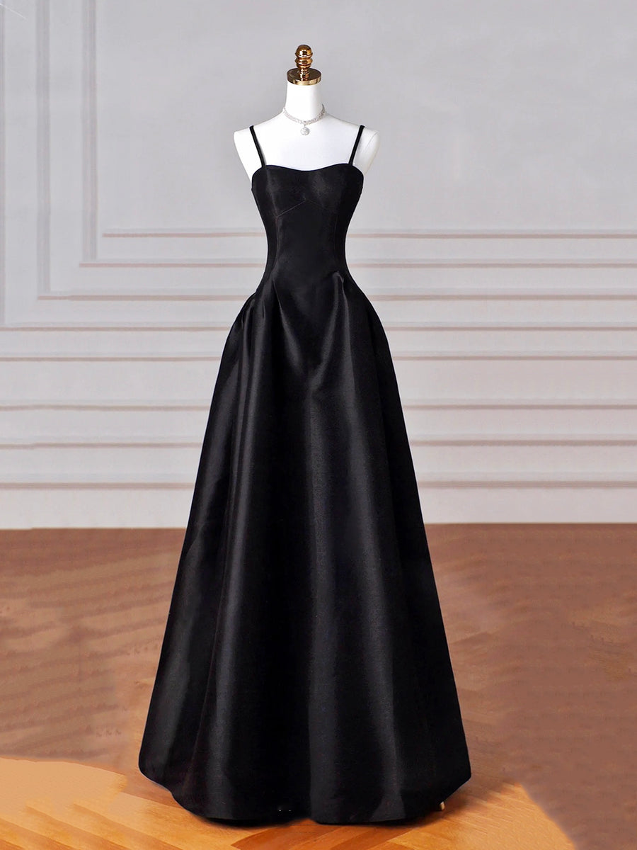 Black Spaghetti Strap Satin Long Prom Dress, Black A-Line Evening Dres