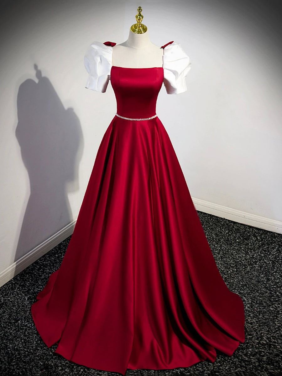 open lace back dress White and Burgundy Satin Long Prom Dress, Beautiful A-Line Short Sleeve Evening Dress US 2 / Custom Color