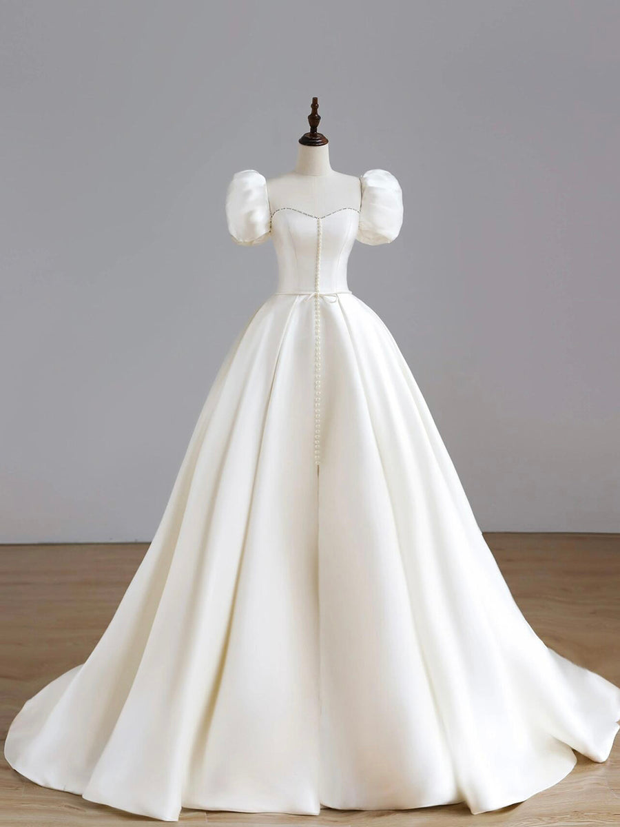 White Satin Long Formal Wedding Dress, Elegant Short Sleeve Evening Dr