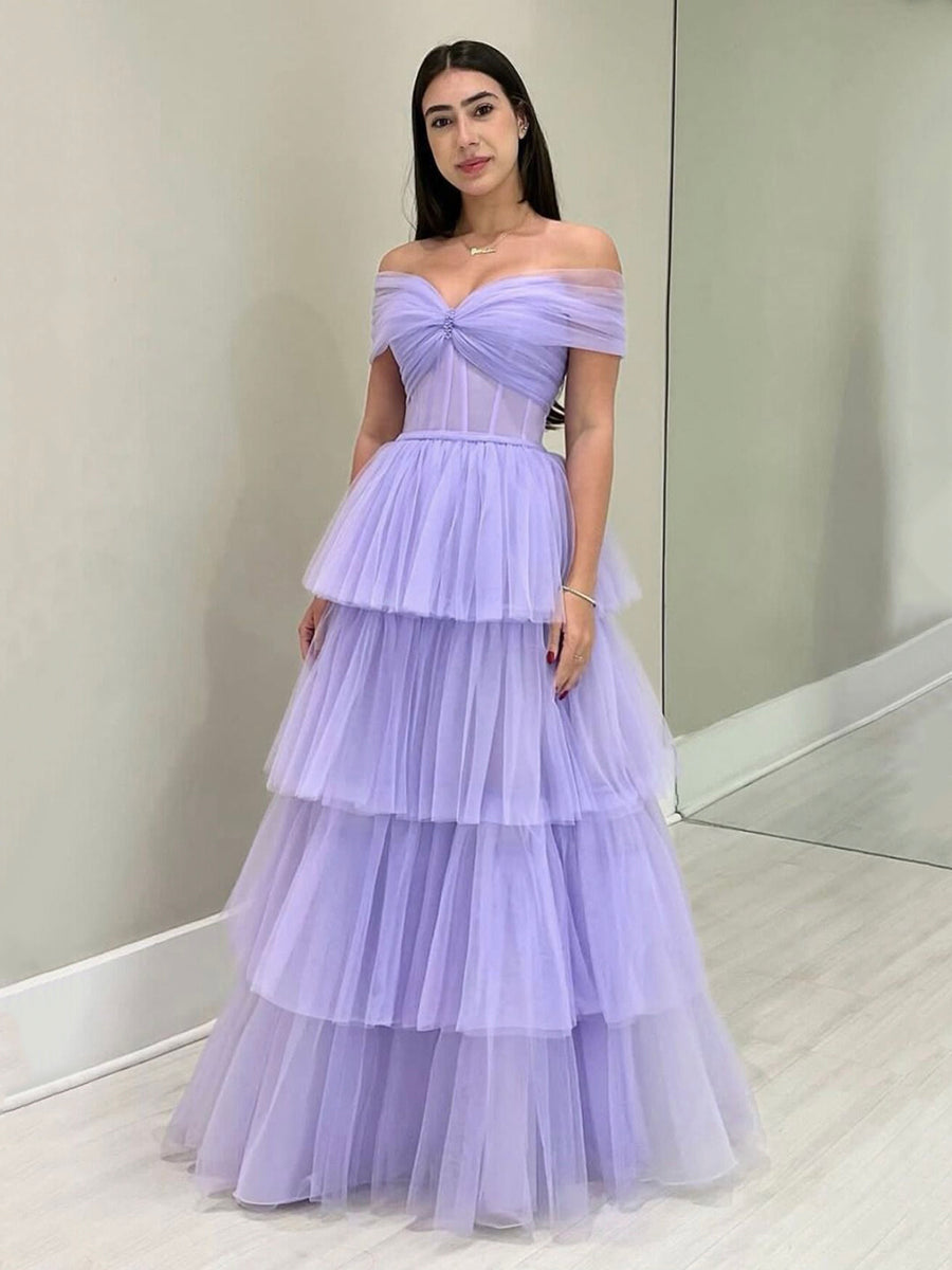 A Line Purple Off the Shoulder Formal Evening Gowns Tulle Long Prom Dresses Y2198