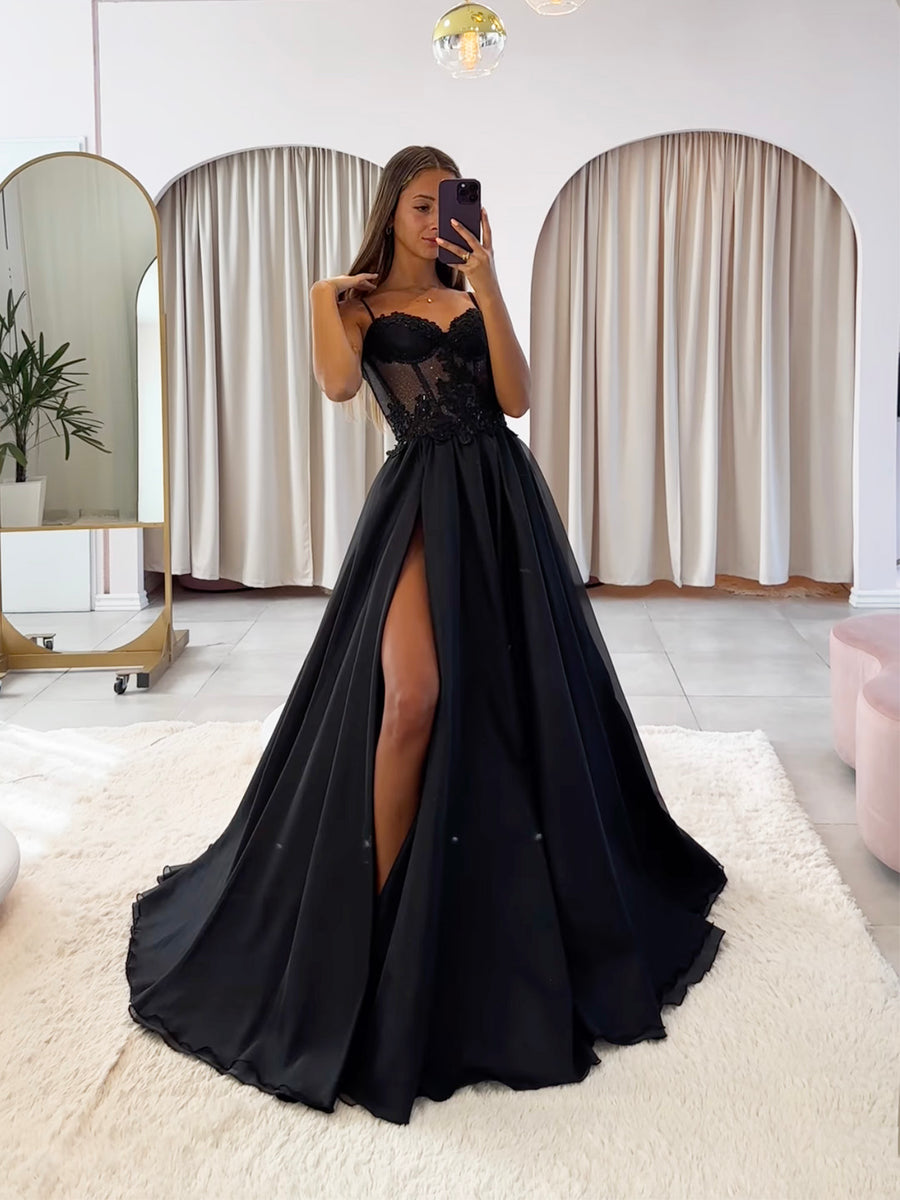 Black Chiffon Lace Long Prom Dress, Black Spaghetti Strap A-Line Eveni