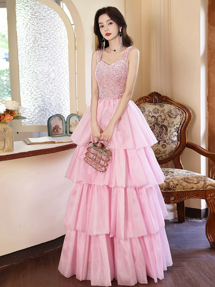 Pink/Blue Tulle Layers Long ALine Prom Dress, ALine Spaghetti Strap — free download