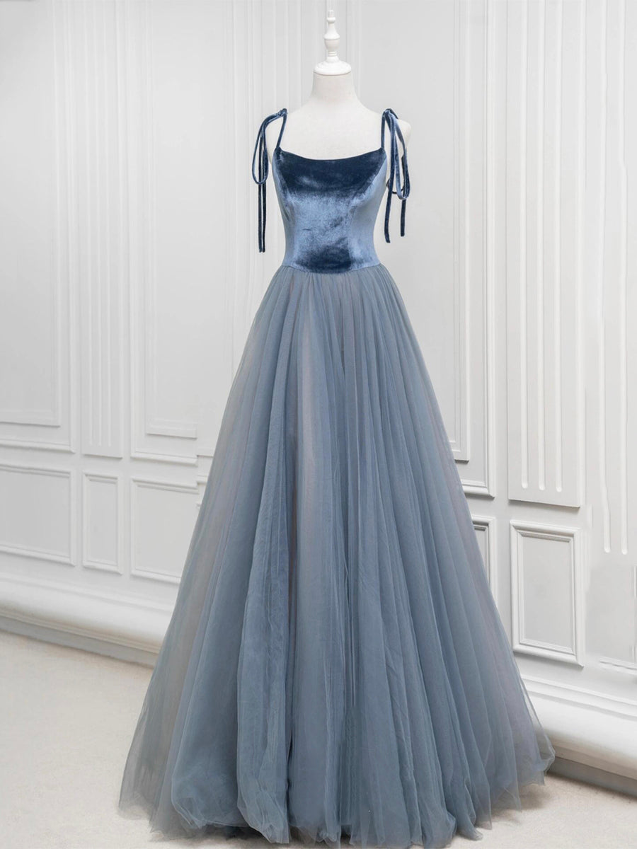 A-line Tie Straps Glitter Tulle Velvet Navy Blue Floor Length Prom Dress main image 1