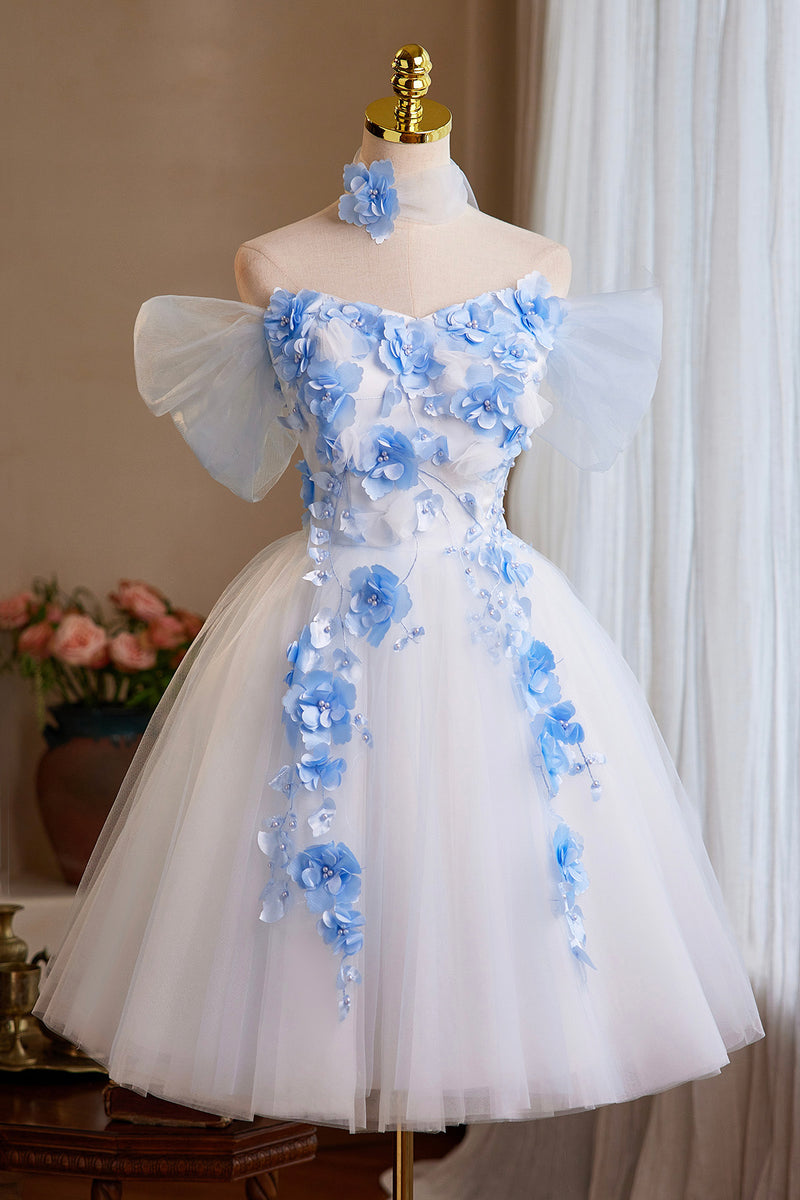 White Tulle and Blue Flowers Short Party Dress, Off the Shoulder A-Lin – Loveydress